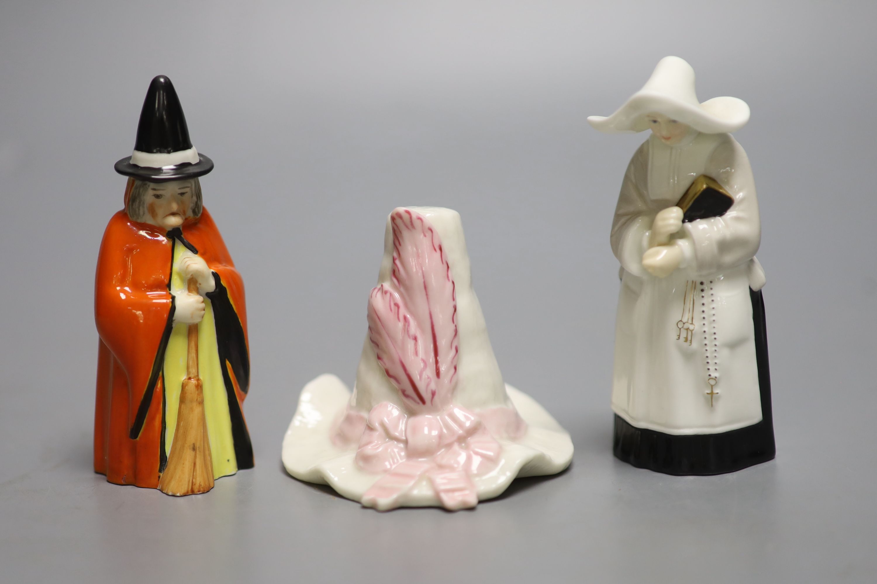 A Royal Worcester candlesnuffer of the Witch, date mark 1924, a Royal Worcester Hat, date mark 1903 and a Royal Worcester snuffer of th